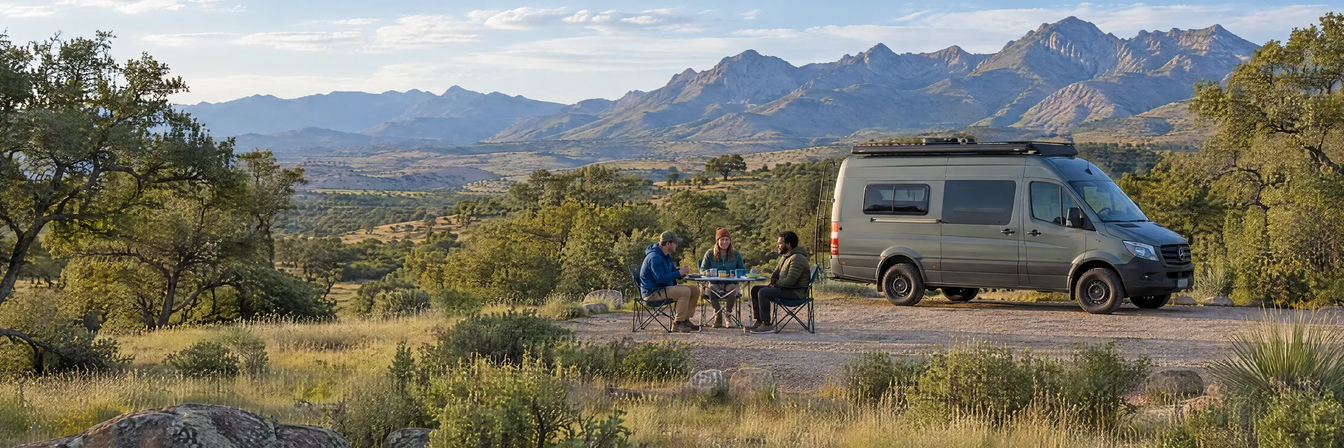 Illustration of campers enjoying an outdoor meal beside a camper van in a fictional camping setting inspired by Sierra Vista, AZ.