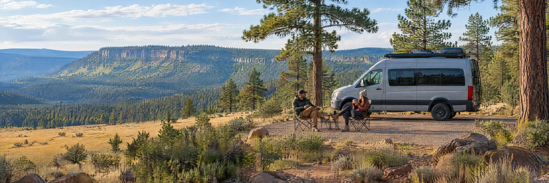 Illustration of campers enjoying morning coffee beside a camper van in a fictional camping setting inspired by Star Valley, AZ.