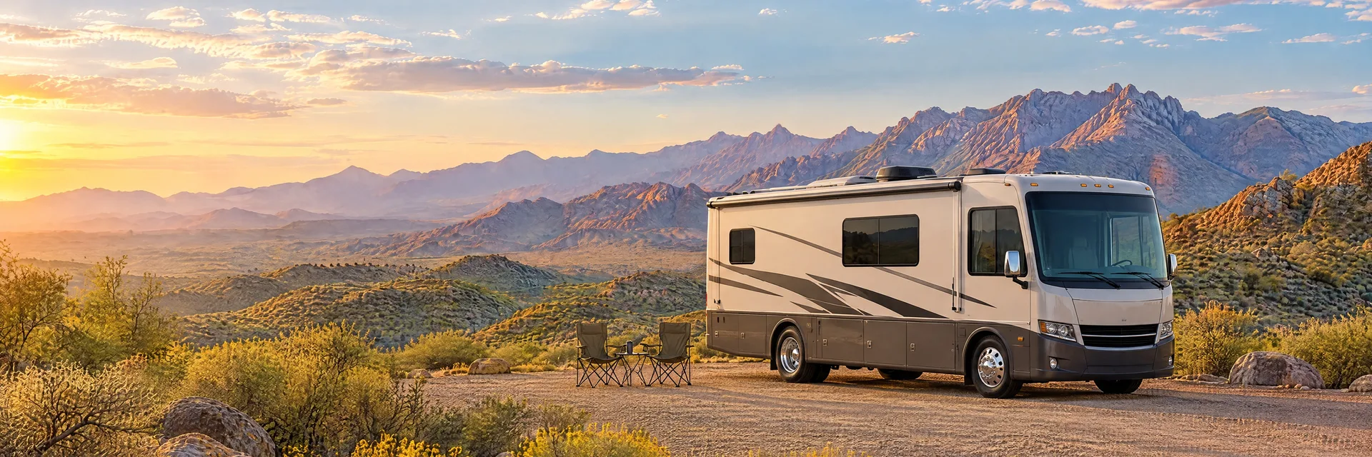 Illustration of a Class A motorhome at a fictional camping setting inspired by Tucson, AZ.
