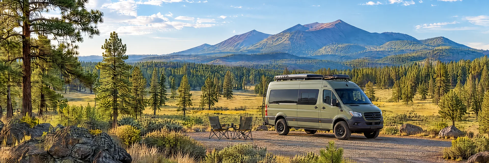 Illustration of a sage-green modern campervan at a fictional camping setting inspired by Williams, AZ.