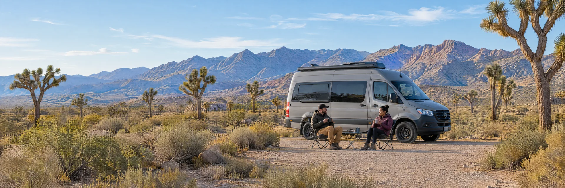 Illustration of campers enjoying morning coffee beside a camper van in a fictional camping setting inspired by Yucca, AZ.