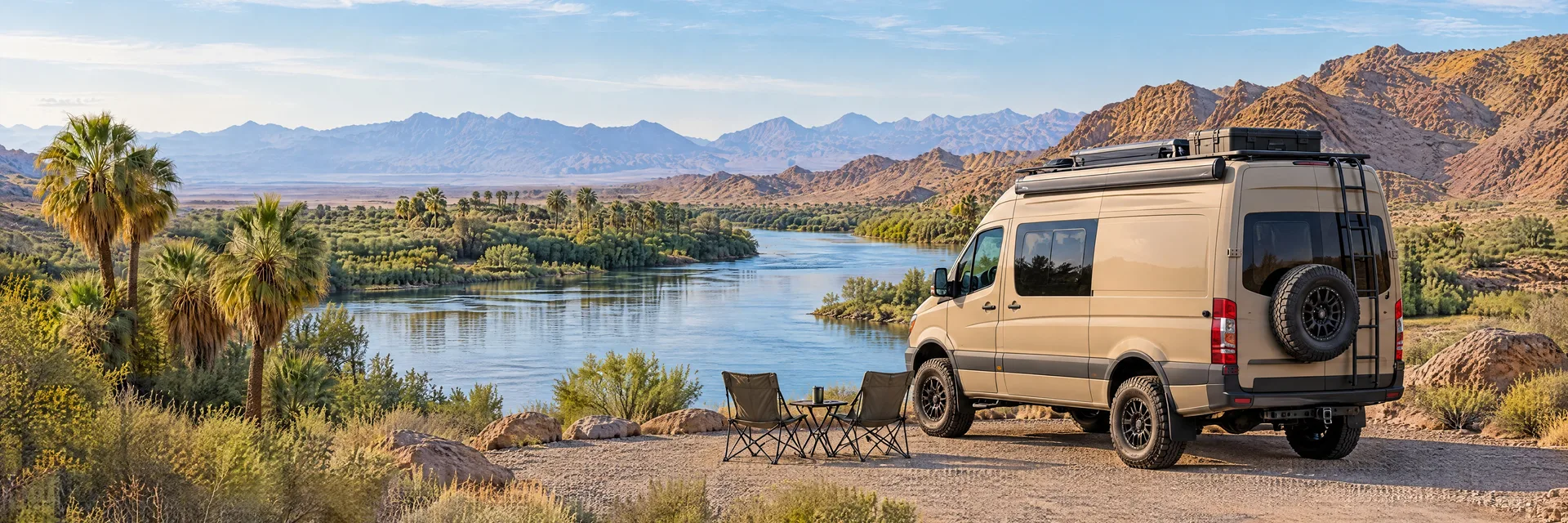 Illustration of a sand-colored rugged campervan at a fictional camping setting inspired by Yuma, AZ.