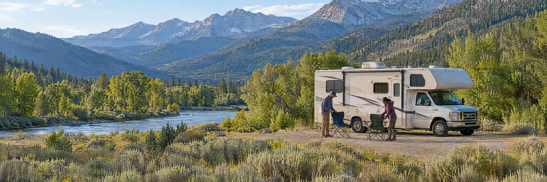 Illustration of campers enjoying setting up camp beside a Class C motorhome in a fictional camping setting inspired by Alpine Village, CA.