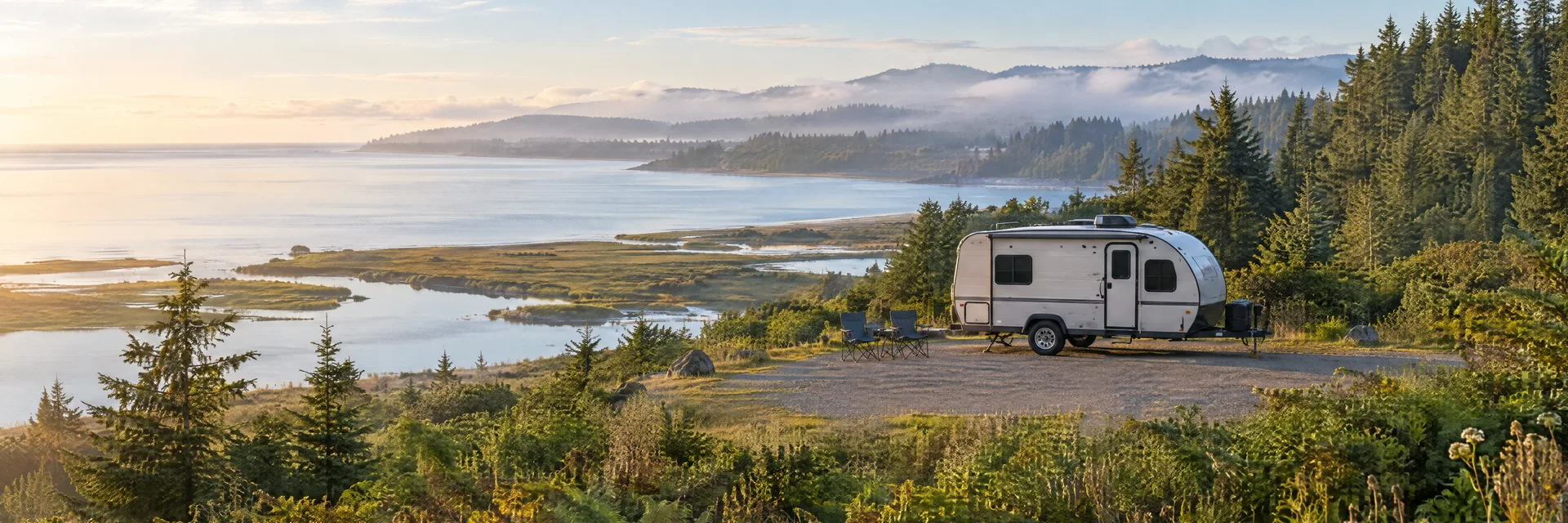 Illustration of a compact travel trailer at a fictional camping setting inspired by Arcata, CA.