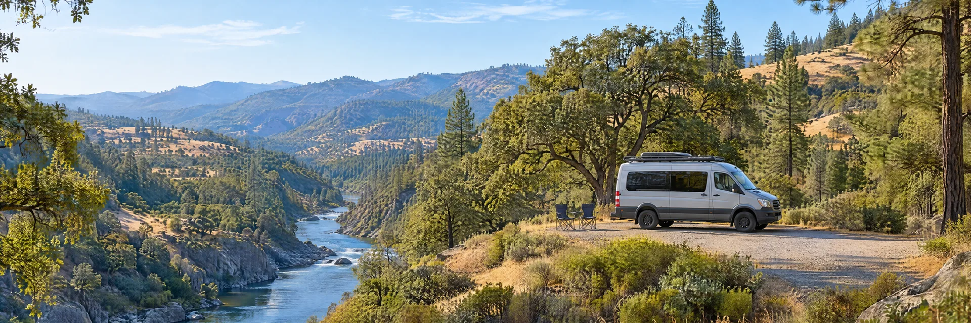 Illustration of a camper van at a fictional camping setting inspired by Auburn, CA.