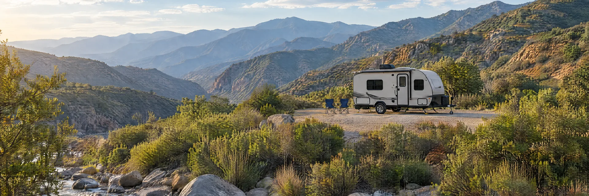 Illustration of a compact travel trailer at a fictional camping setting inspired by Azusa, CA.