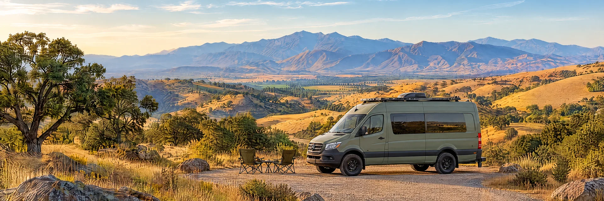 Illustration of a sage-green modern campervan at a fictional camping setting inspired by Bakersfield, CA.