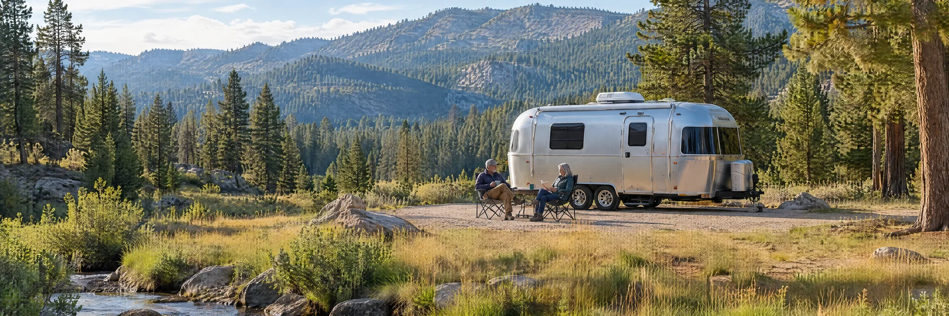 Illustration of campers enjoying relaxing at camp beside a rounded silver travel trailer in a fictional camping setting inspired by Bear Valley, CA.