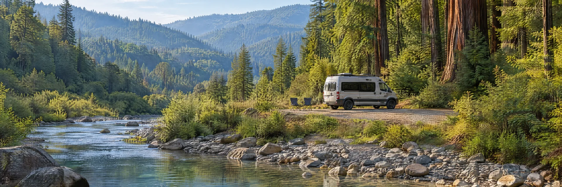 Illustration of a camper van at a fictional camping setting inspired by Benbow, CA.