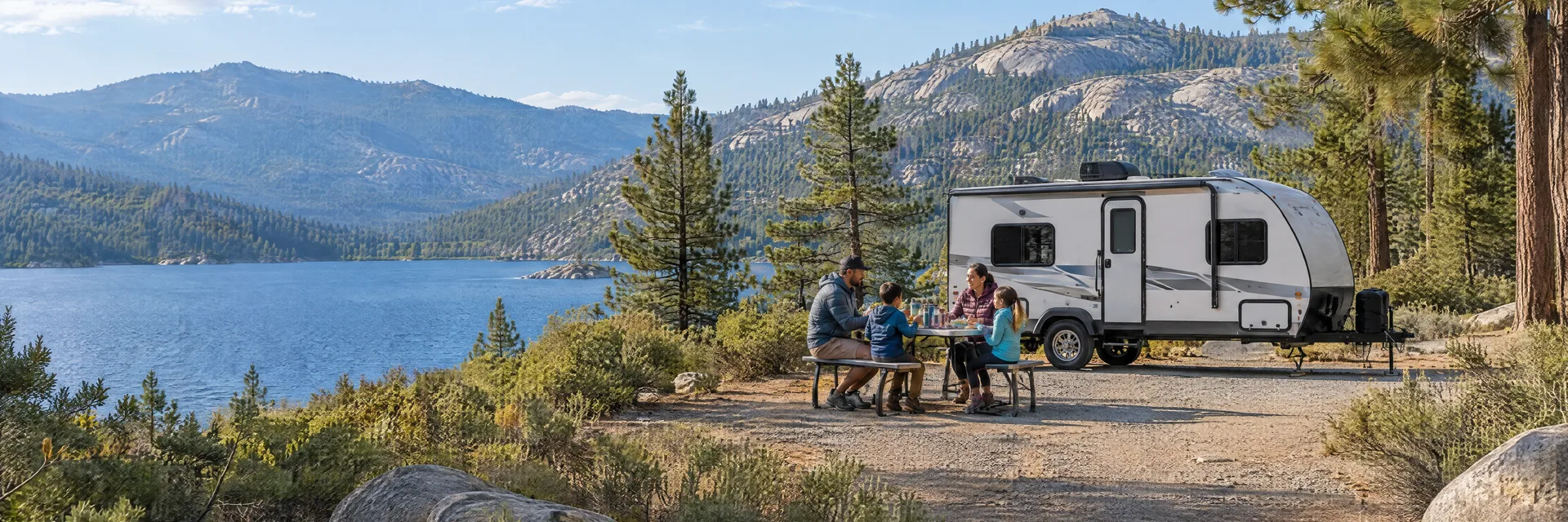 Illustration of campers enjoying a family picnic beside a compact travel trailer in a fictional camping setting inspired by Big Bear Lake, CA.