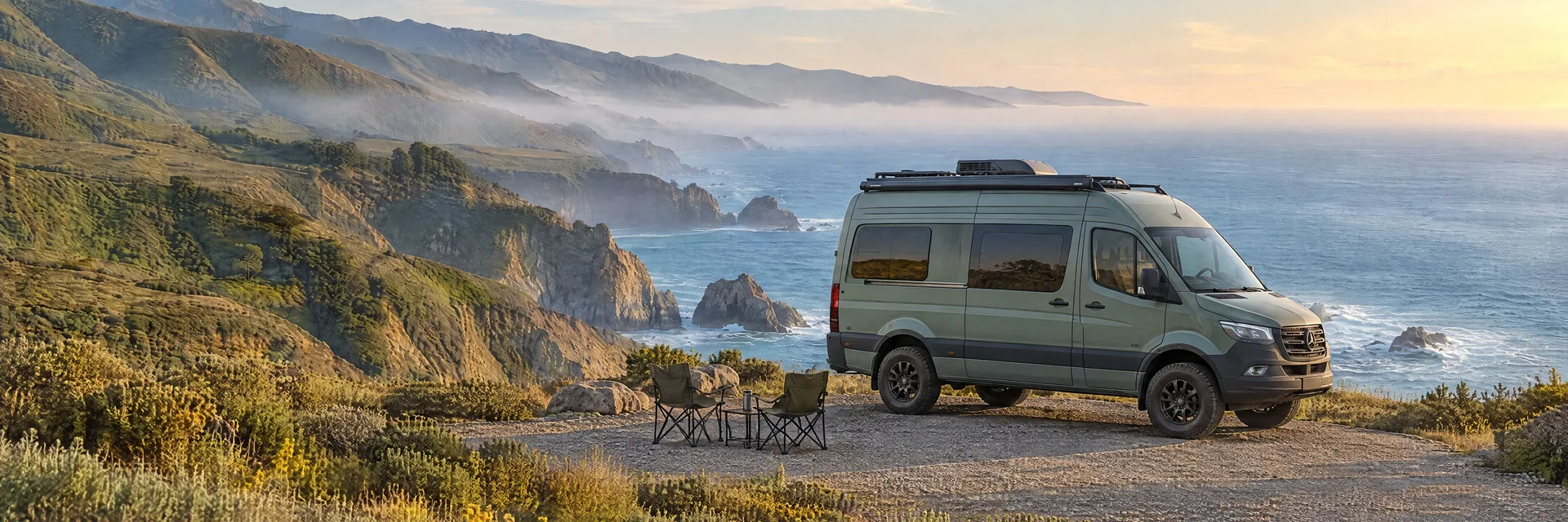 Illustration of a campervan at a fictional camping setting inspired by Big Sur, CA.