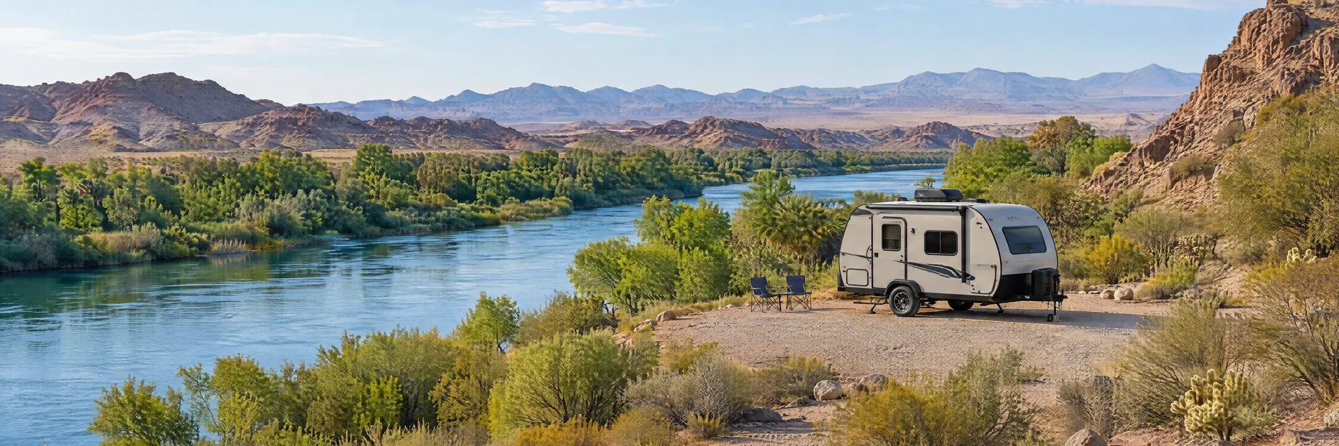 Illustration of a compact travel trailer at a fictional camping setting inspired by Blythe, CA.