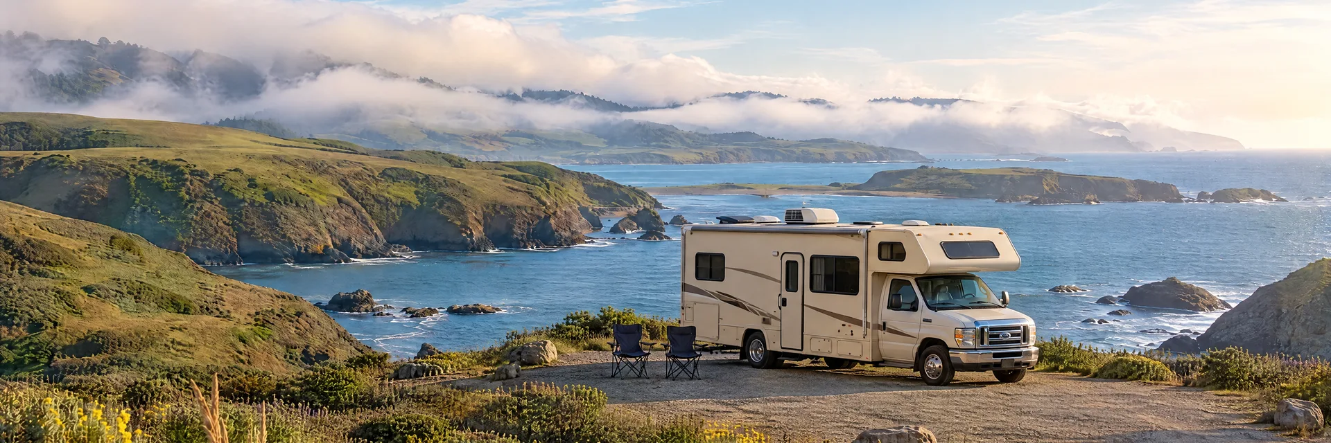 Illustration of a cream Class C motorhome with a modest overcab bunk at a fictional camping setting inspired by Bodega Bay, CA.