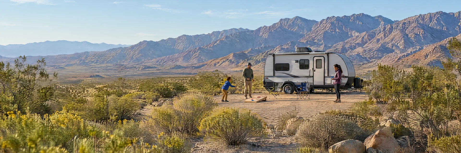 Illustration of campers enjoying family campsite activities beside a compact travel trailer in a fictional camping setting inspired by Borrego Springs, CA.