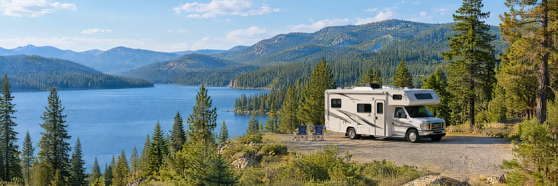 Illustration of a Class C motorhome at a fictional camping setting inspired by Bucks Lake, CA.