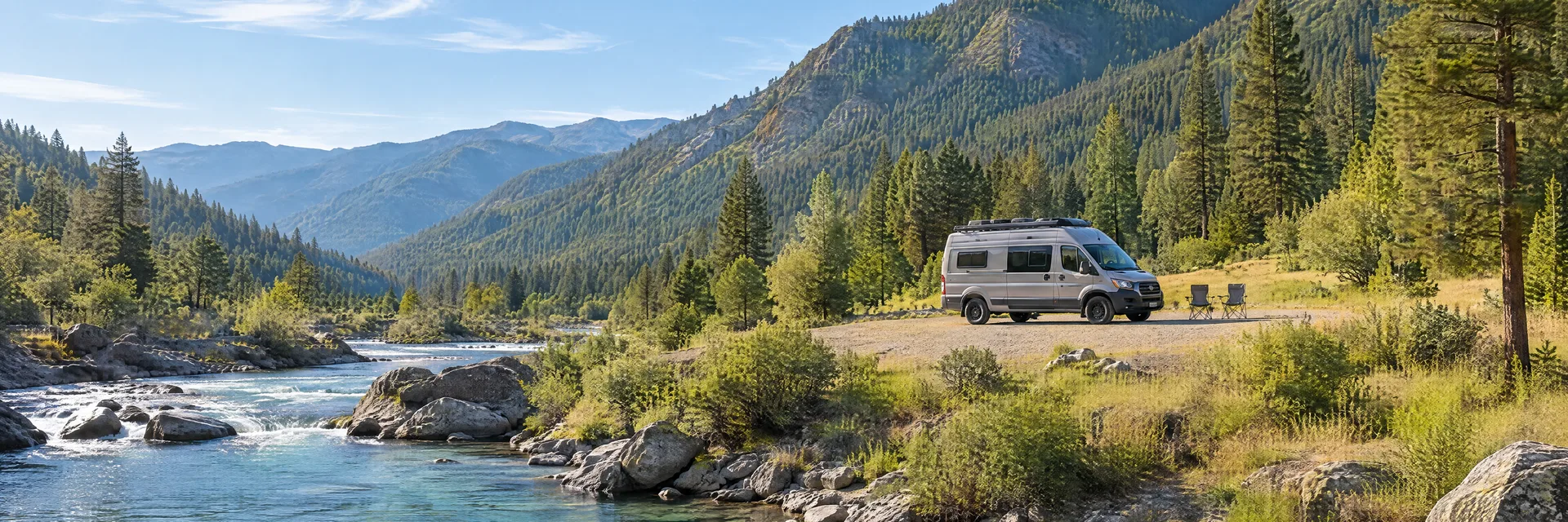 Illustration of a camper van at a fictional camping setting inspired by Burnt Ranch, CA.