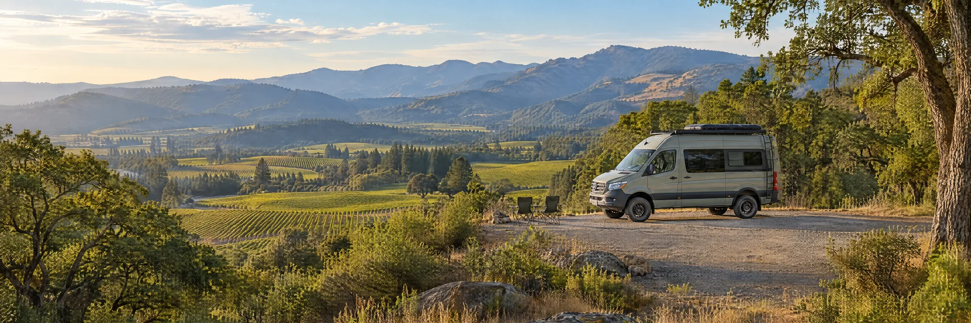 Illustration of a camper van at a fictional camping setting inspired by Calistoga, CA.