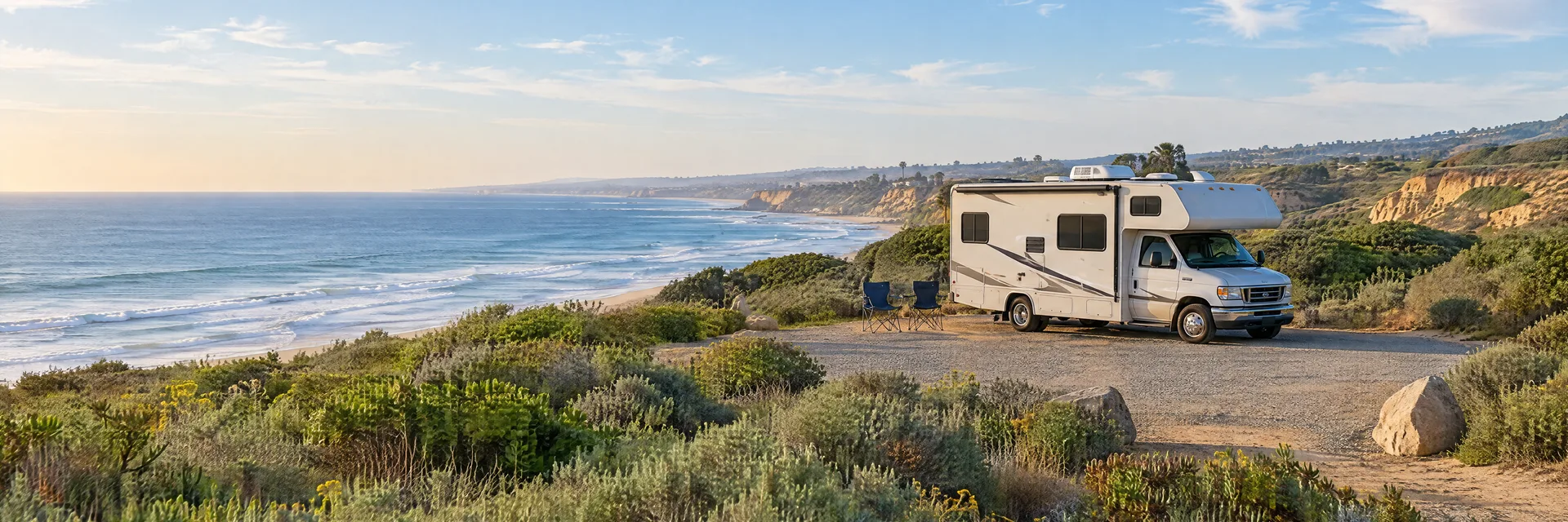 Illustration of a Class C motorhome at a fictional camping setting inspired by Carlsbad, CA.