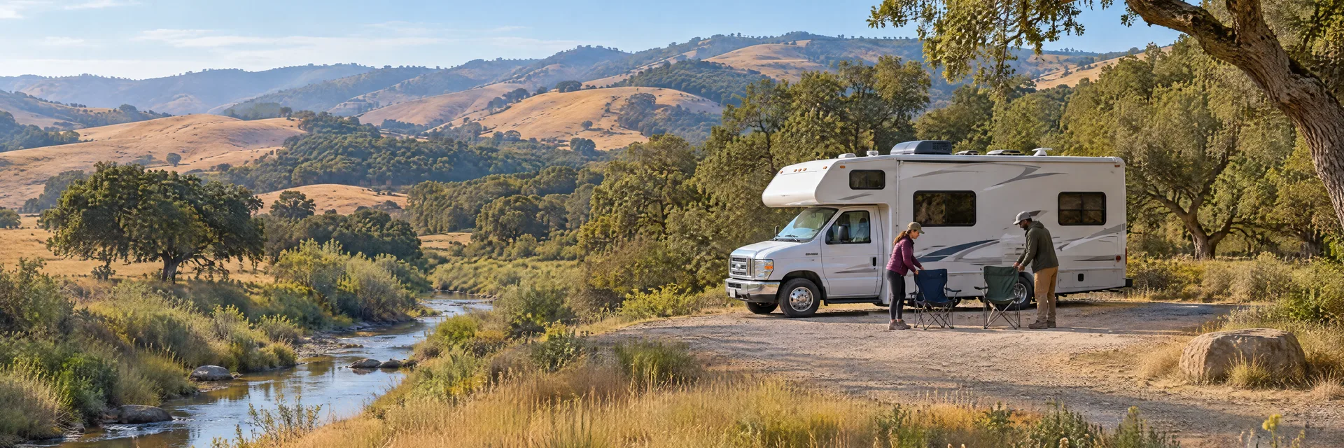 Illustration of campers enjoying setting up camp beside a Class C motorhome in a fictional camping setting inspired by Carmel Valley, CA.