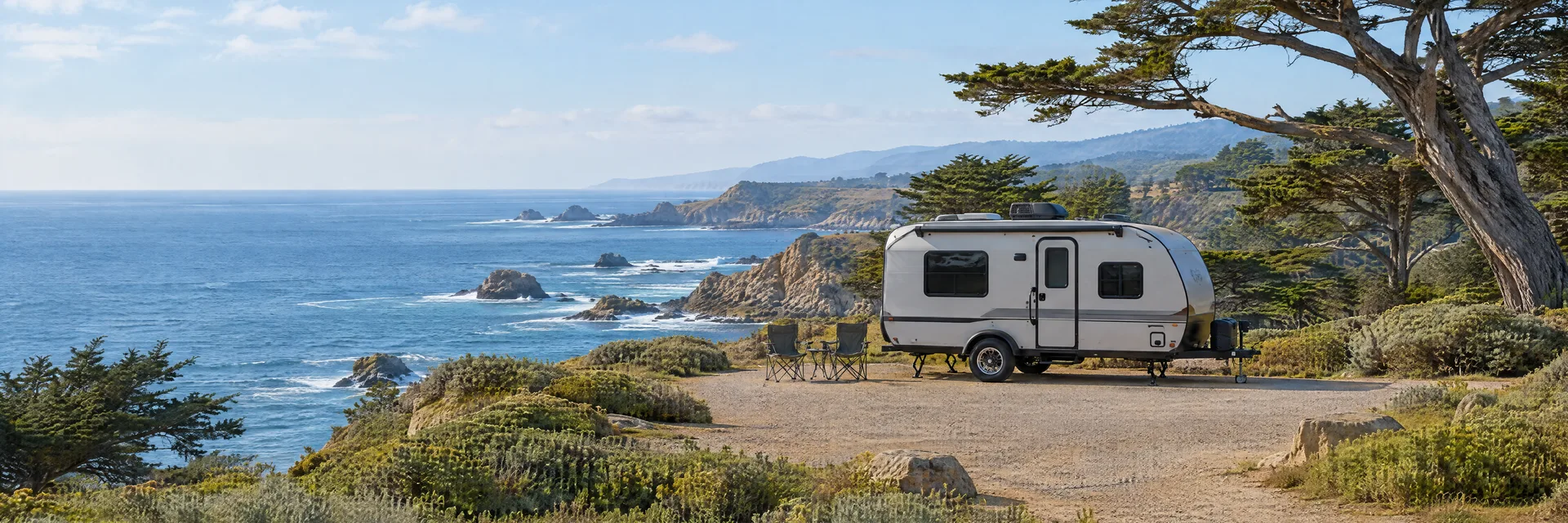Illustration of a compact travel trailer at a fictional camping setting inspired by Carmel, CA.