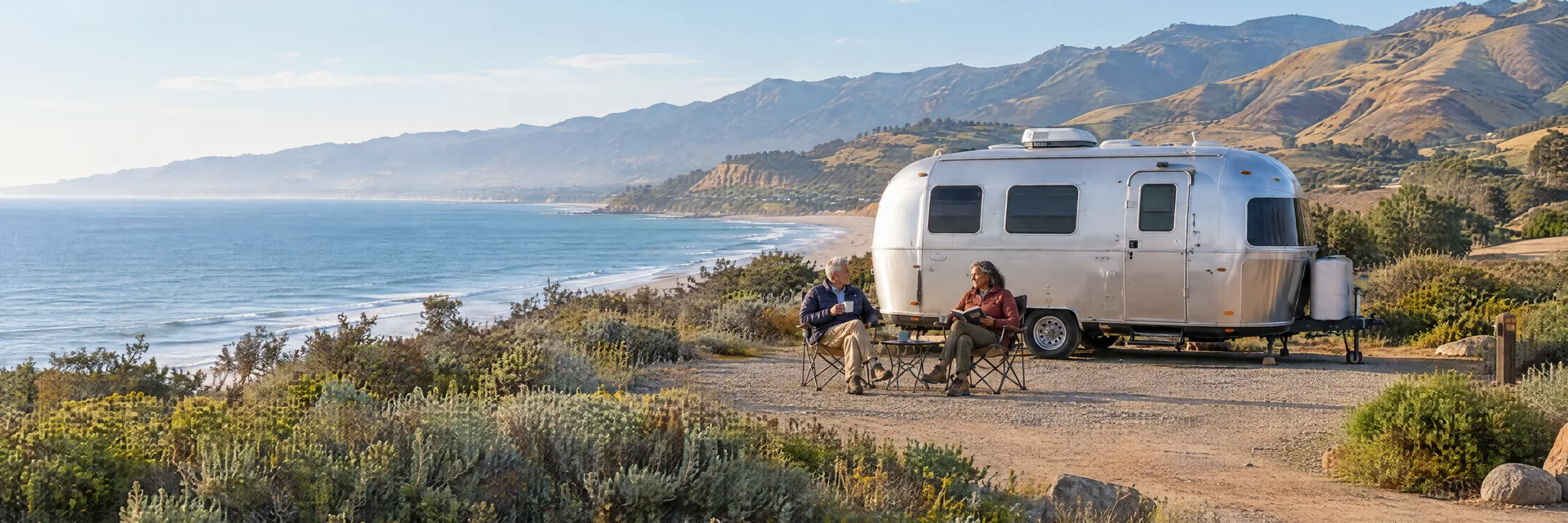 Illustration of campers enjoying relaxing at camp beside a rounded silver travel trailer in a fictional camping setting inspired by Carpinteria, CA.