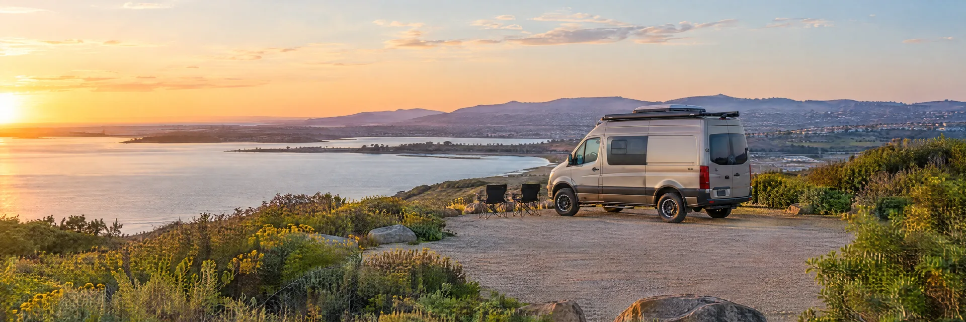Illustration of a camper van at a fictional camping setting inspired by Chula Vista, CA.