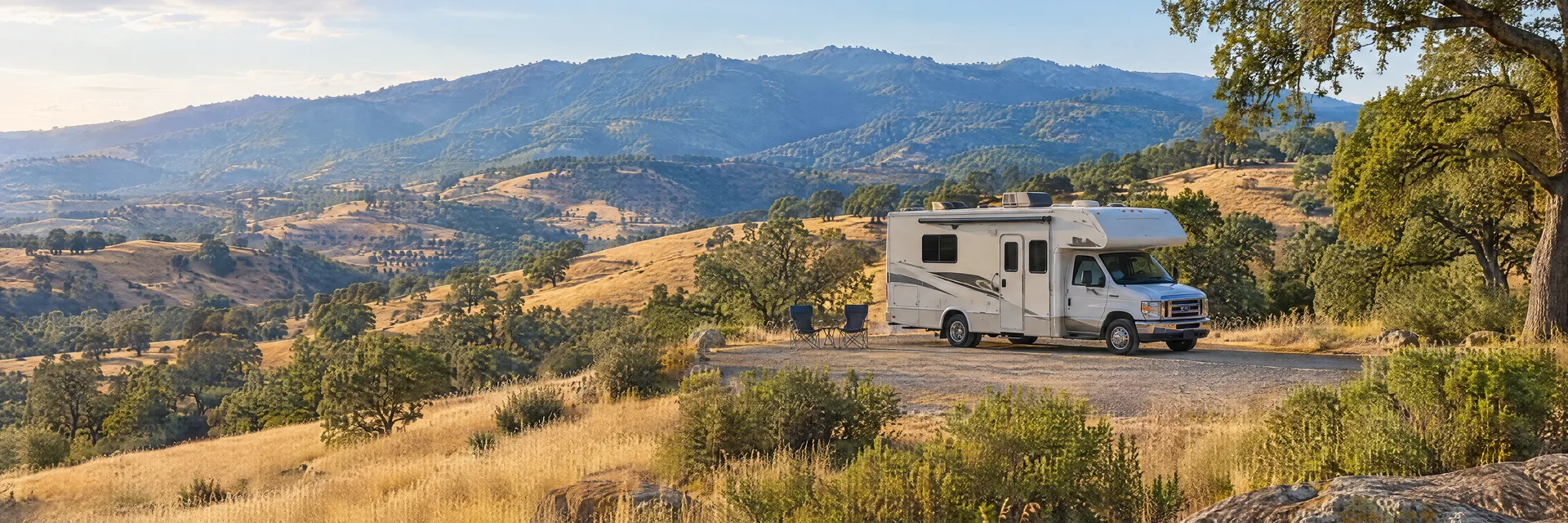 Illustration of a Class C motorhome at a fictional camping setting inspired by Clovis, CA.