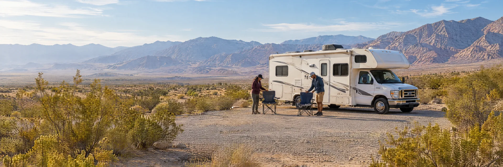 Illustration of campers enjoying setting up camp beside a Class C motorhome in a fictional camping setting inspired by Coachella, CA.