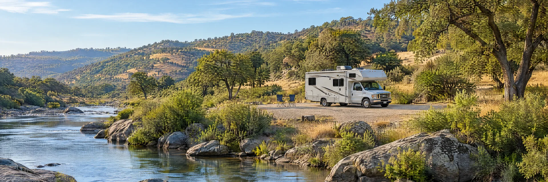 Illustration of a Class C motorhome at a fictional camping setting inspired by Coloma, CA.