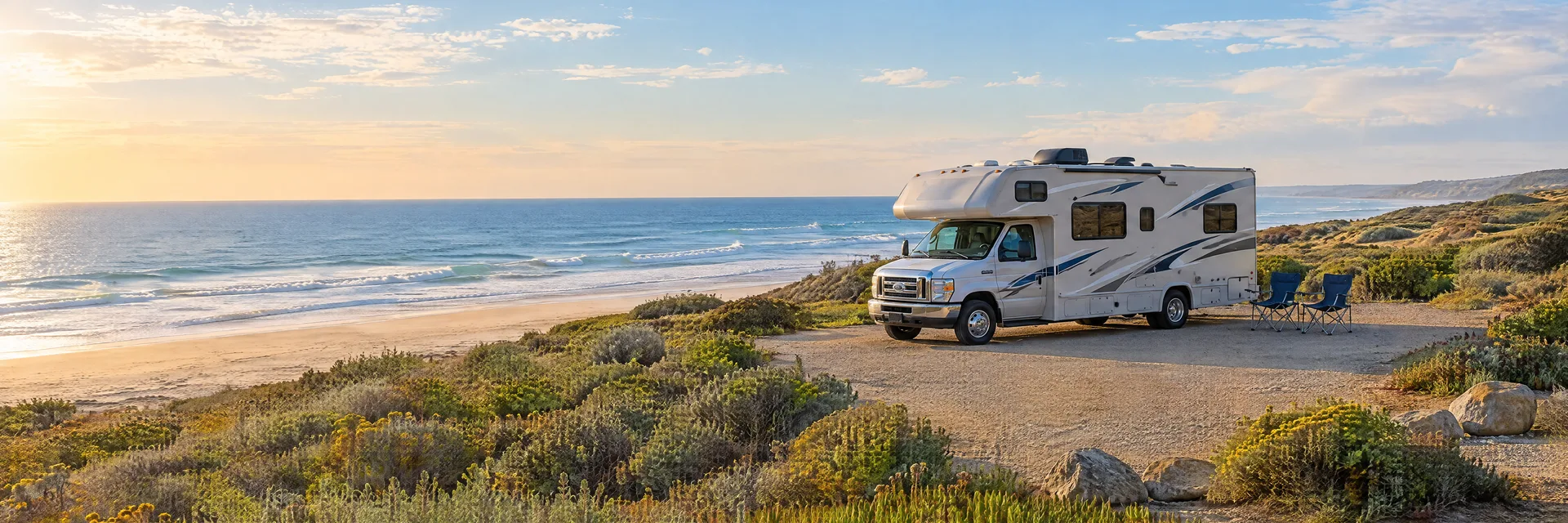 Illustration of a Class C motorhome at a fictional camping setting inspired by Coronado, CA.
