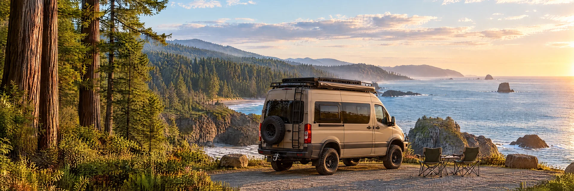 Illustration of a sand-colored rugged campervan at a fictional camping setting inspired by Crescent City, CA.
