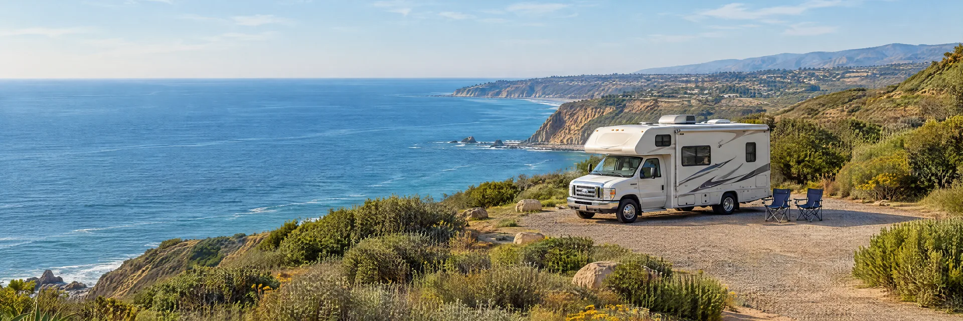 Illustration of a Class C motorhome at a fictional camping setting inspired by Dana Point, CA.