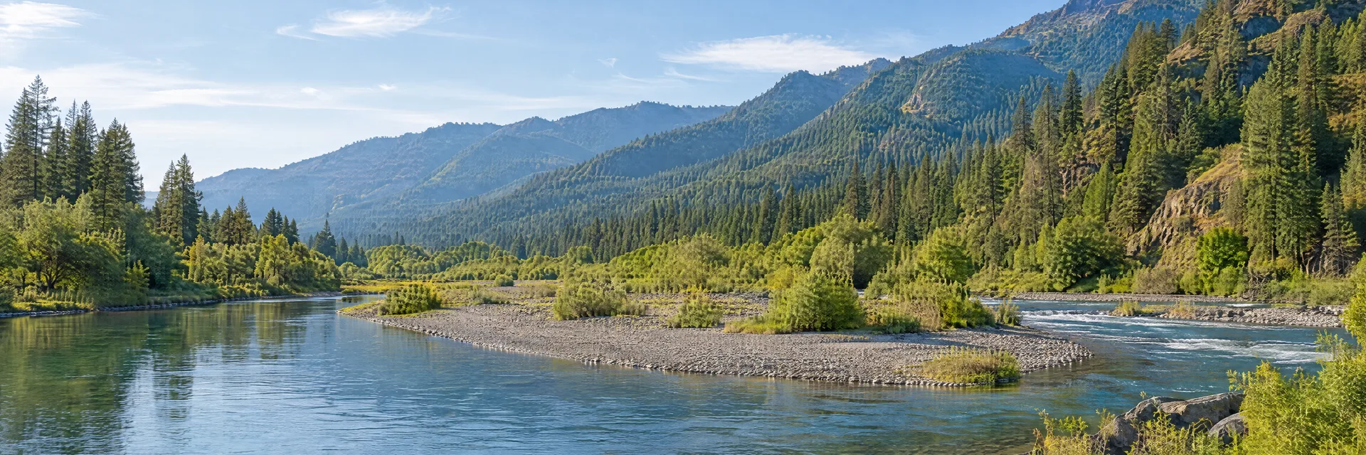 Illustration inspired by Del Loma, CA: northern California clear winding river with gravel bars and forested mountain slopes.
