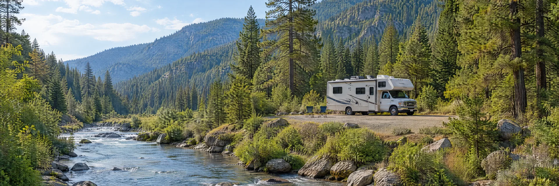 Illustration of a Class C motorhome at a fictional camping setting inspired by Downieville, CA.