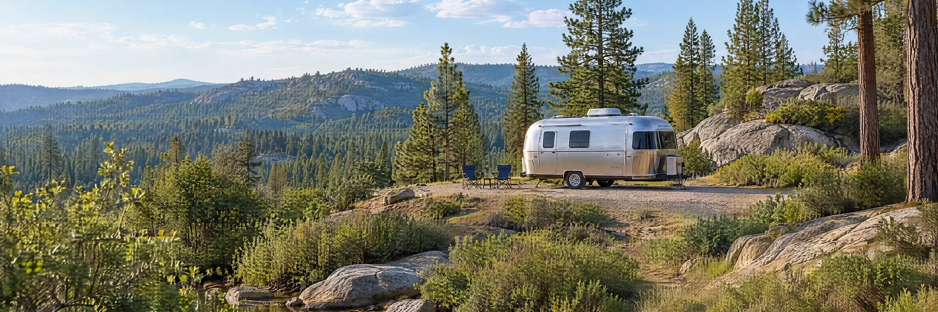 Illustration of a rounded silver travel trailer at a fictional camping setting inspired by Dutch Flat, CA.