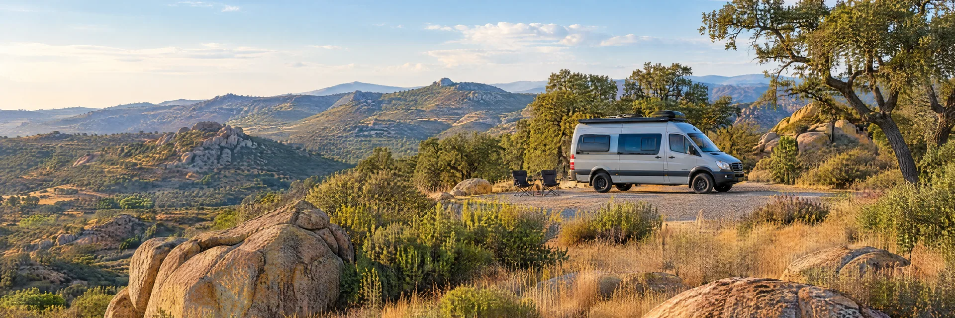 Illustration of a camper van at a fictional camping setting inspired by El Cajon, CA.