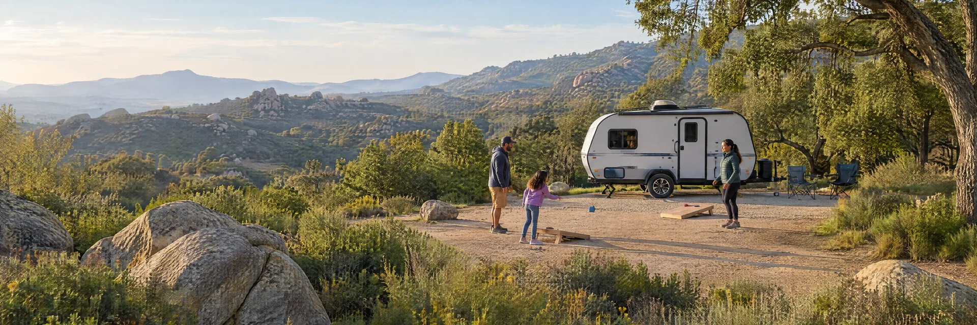 Illustration of campers enjoying family campsite activities beside a compact travel trailer in a fictional camping setting inspired by Escondido, CA.