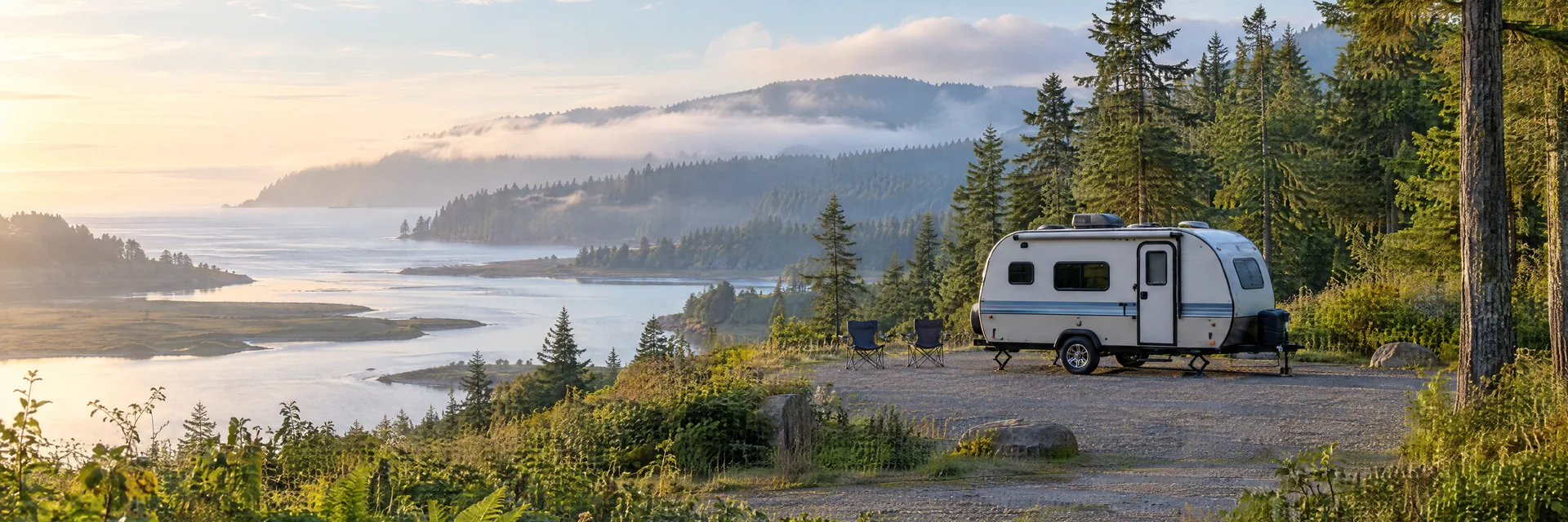 Illustration of a compact travel trailer at a fictional camping setting inspired by Eureka, CA.