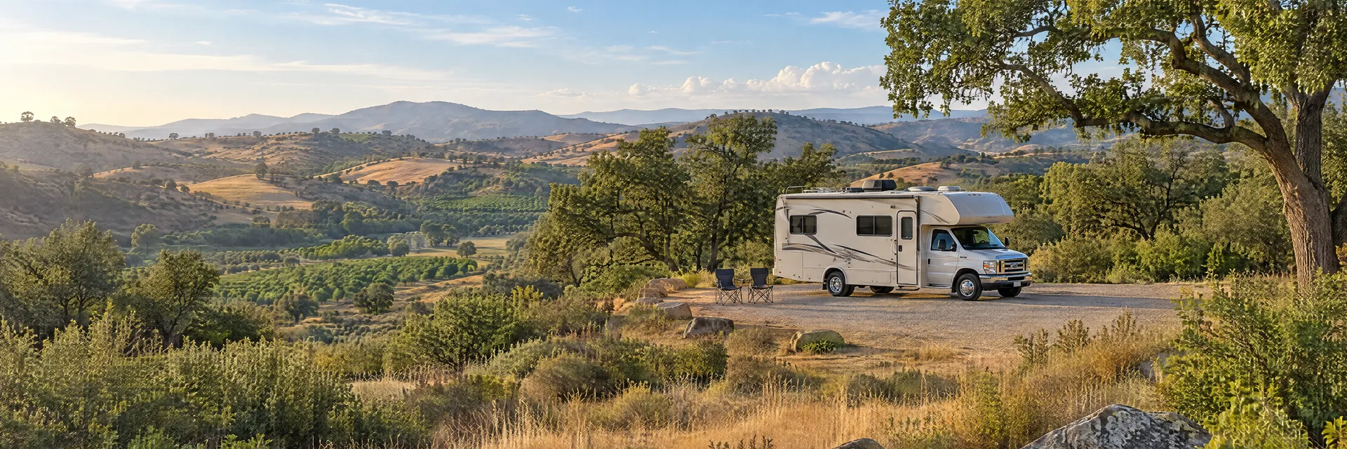 Illustration of a Class C motorhome at a fictional camping setting inspired by Fallbrook, CA.
