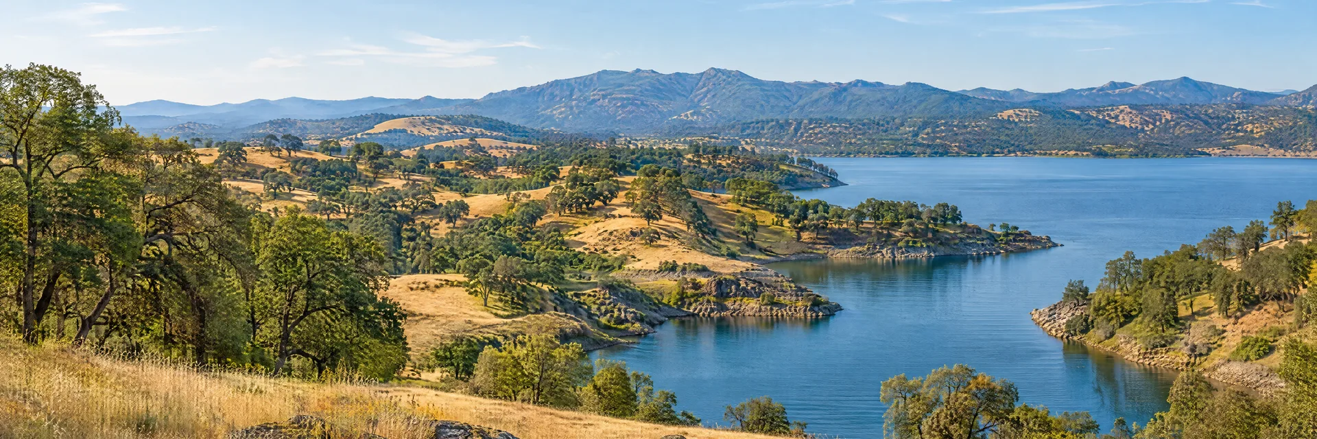 Illustration inspired by Folsom, CA: california Sierra Nevada foothills, blue reservoir cove, rolling golden grasslands and scattered oak woodland.