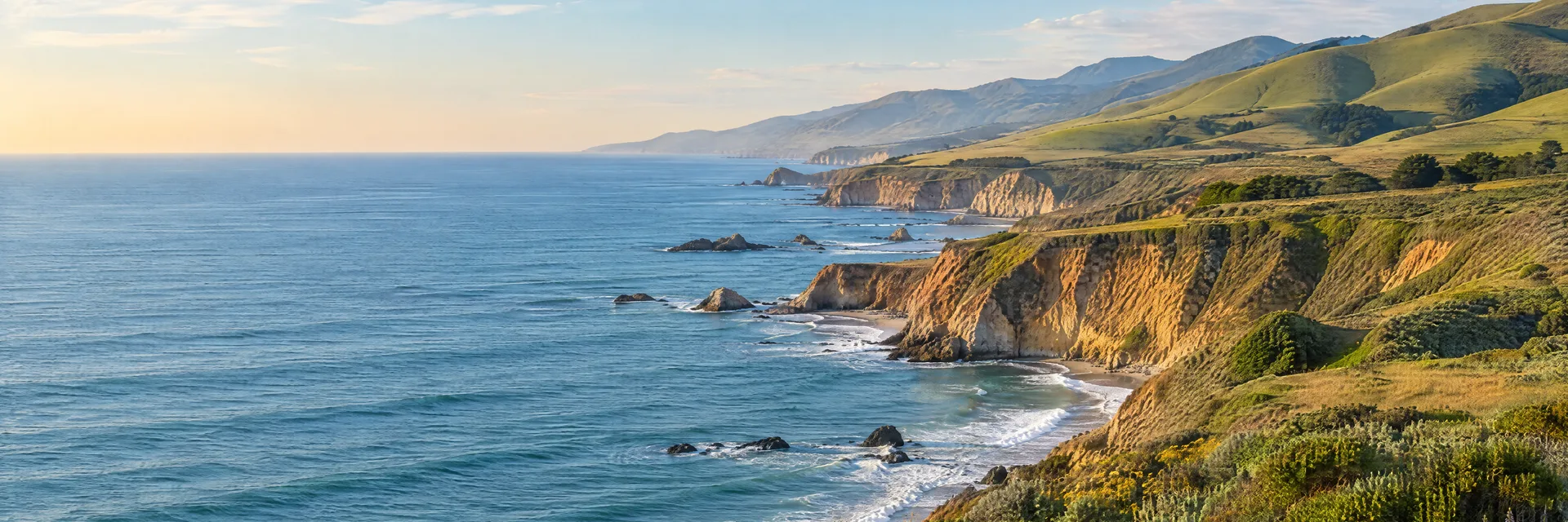 Illustration inspired by Gaviota, CA: california central coast ocean shore with golden bluffs and grassy hills.