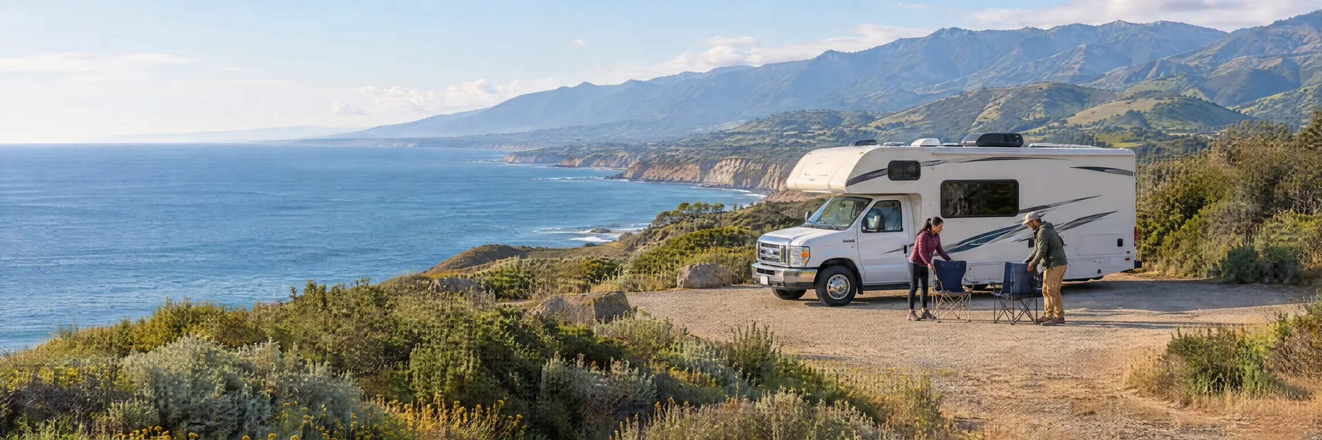 Illustration of campers enjoying setting up camp beside a Class C motorhome in a fictional camping setting inspired by Goleta, CA.