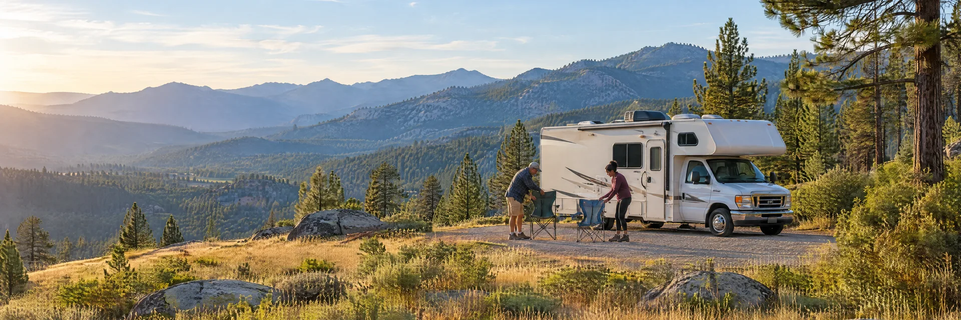 Illustration of campers enjoying setting up camp beside a Class C motorhome in a fictional camping setting inspired by Groveland, CA.