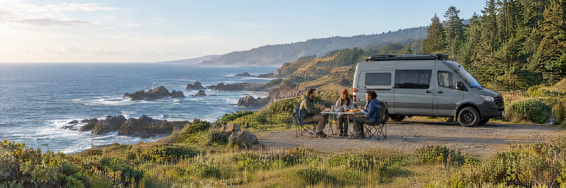 Illustration of campers enjoying an outdoor meal beside a camper van in a fictional camping setting inspired by Gualala, CA.