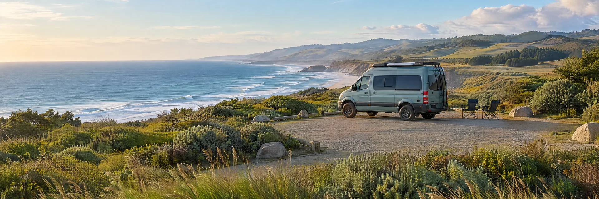 Illustration of a camper van at a fictional camping setting inspired by Half Moon Bay, CA.