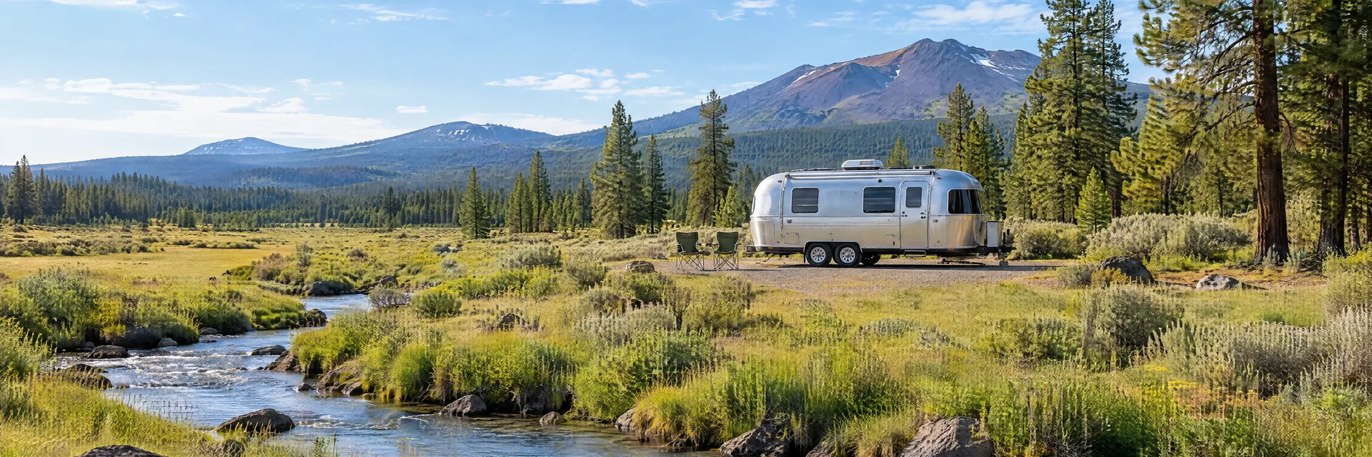 Illustration of a rounded silver travel trailer at a fictional camping setting inspired by Hat Creek, CA.