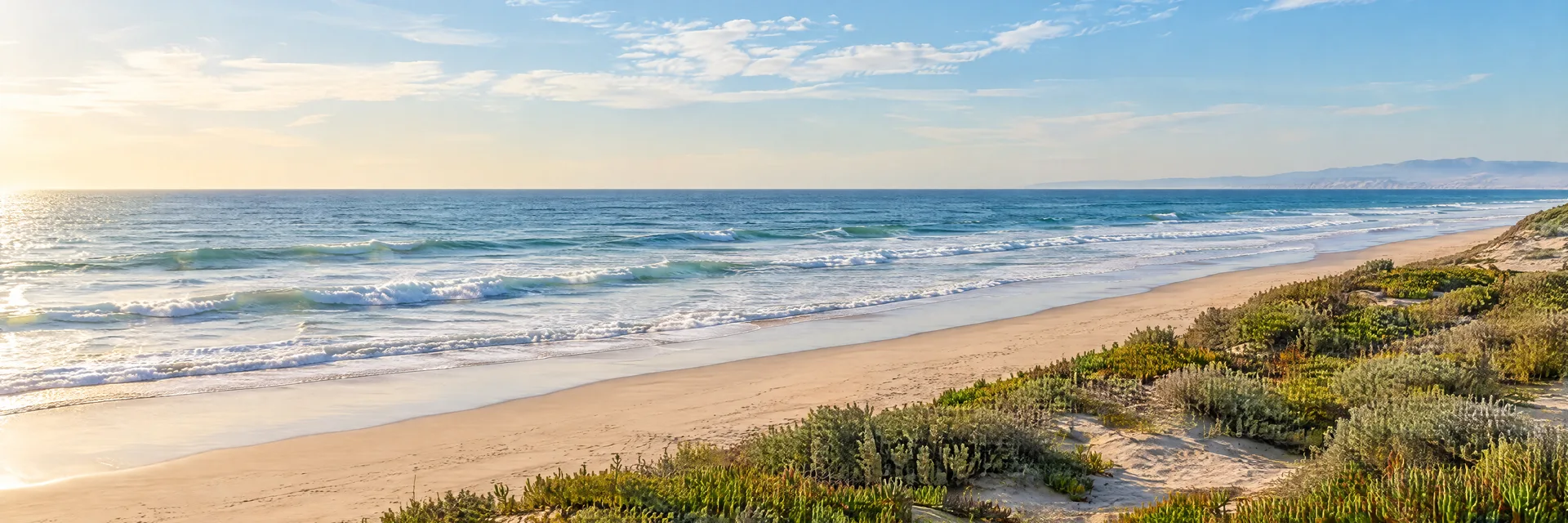 Illustration inspired by Huntington Beach, CA: southern California broad sandy Pacific beach, gentle surf and low coastal vegetation.