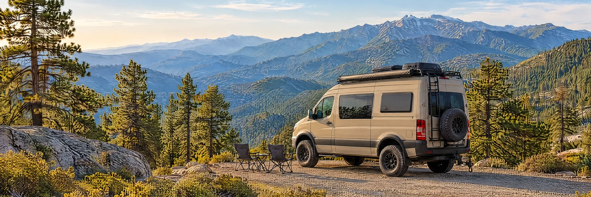 Illustration of a sand-colored rugged campervan at a fictional camping setting inspired by Idyllwild, CA.