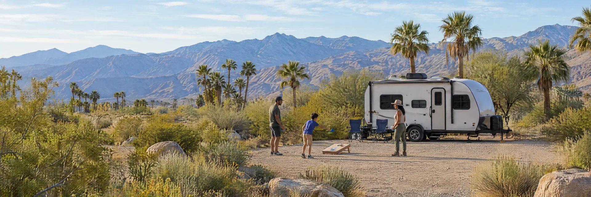 Illustration of campers enjoying family campsite activities beside a compact travel trailer in a fictional camping setting inspired by Indio, CA.