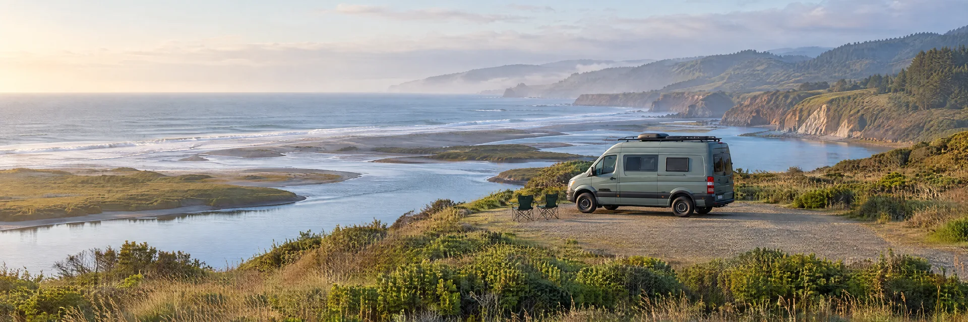 Illustration of a camper van at a fictional camping setting inspired by Jenner, CA.